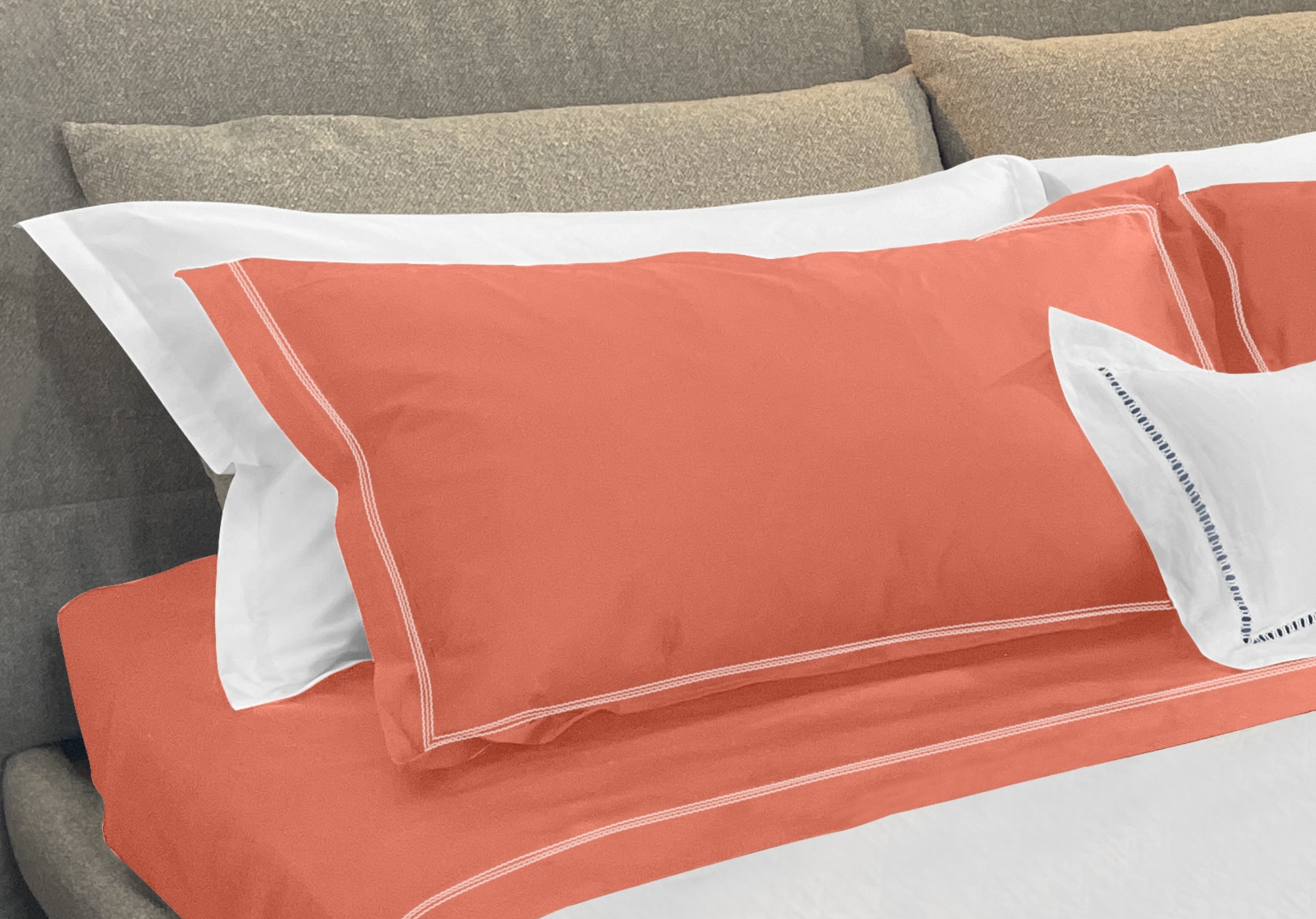 Narragansett Lobster Pillow Sham with a triple contrasting stitch in White. It is shown with our Daily Basics 300tc Egyptian Cotton Sateen Sleeping Sham in White. 